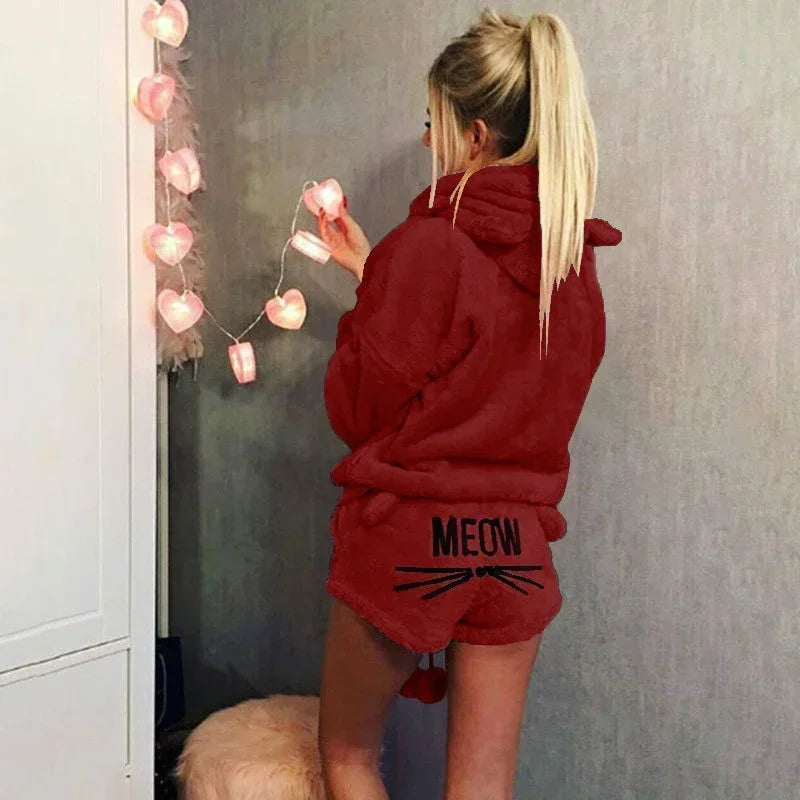 Women's Coral Velvet Hoodie Pajama Set – Cute Cat Print Pajama Set Axl