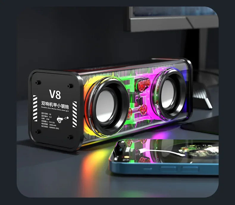 V8 Transparent Mecha Bluetooth Speaker RGB TWS Subwoofer Portable Bluetooth Speaker Axl Black