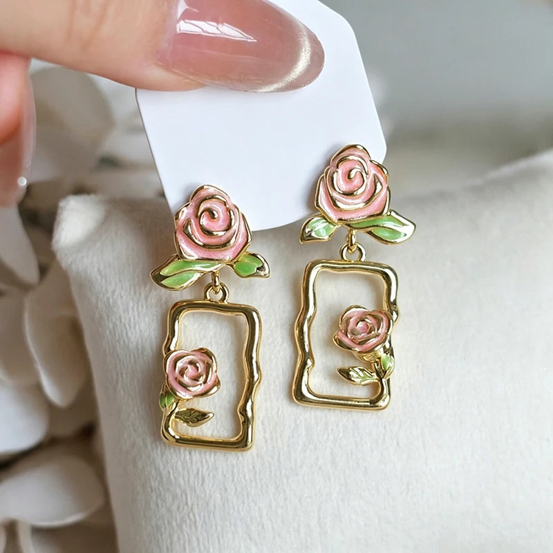 Huitan Pink Enamel Rose Dangle Earrings – Floral Drop Earrings Dangle Drop Earrings Axl