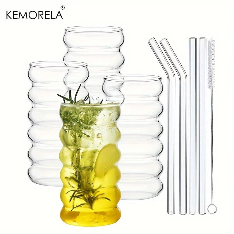 500ml Wave Ripple Drinking Glasses with Straws | Set of 1–4 Drinking Glass Set Axl 4PCS 401-500ml
