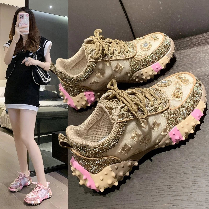 Women's Rhinestone Sneakers – Thick Sole Lace-Up Walking Shoes Women's Sneakers Axl