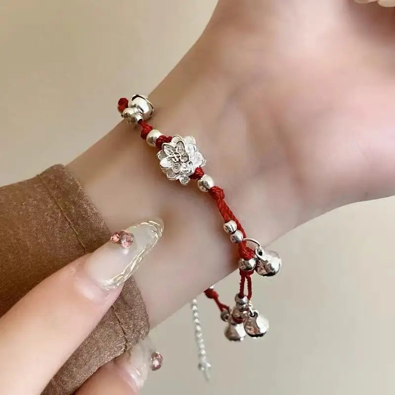 Chinese Style Red Rope Bracelet – Lotus Flower Bell Charm Charm Bracelet Axl