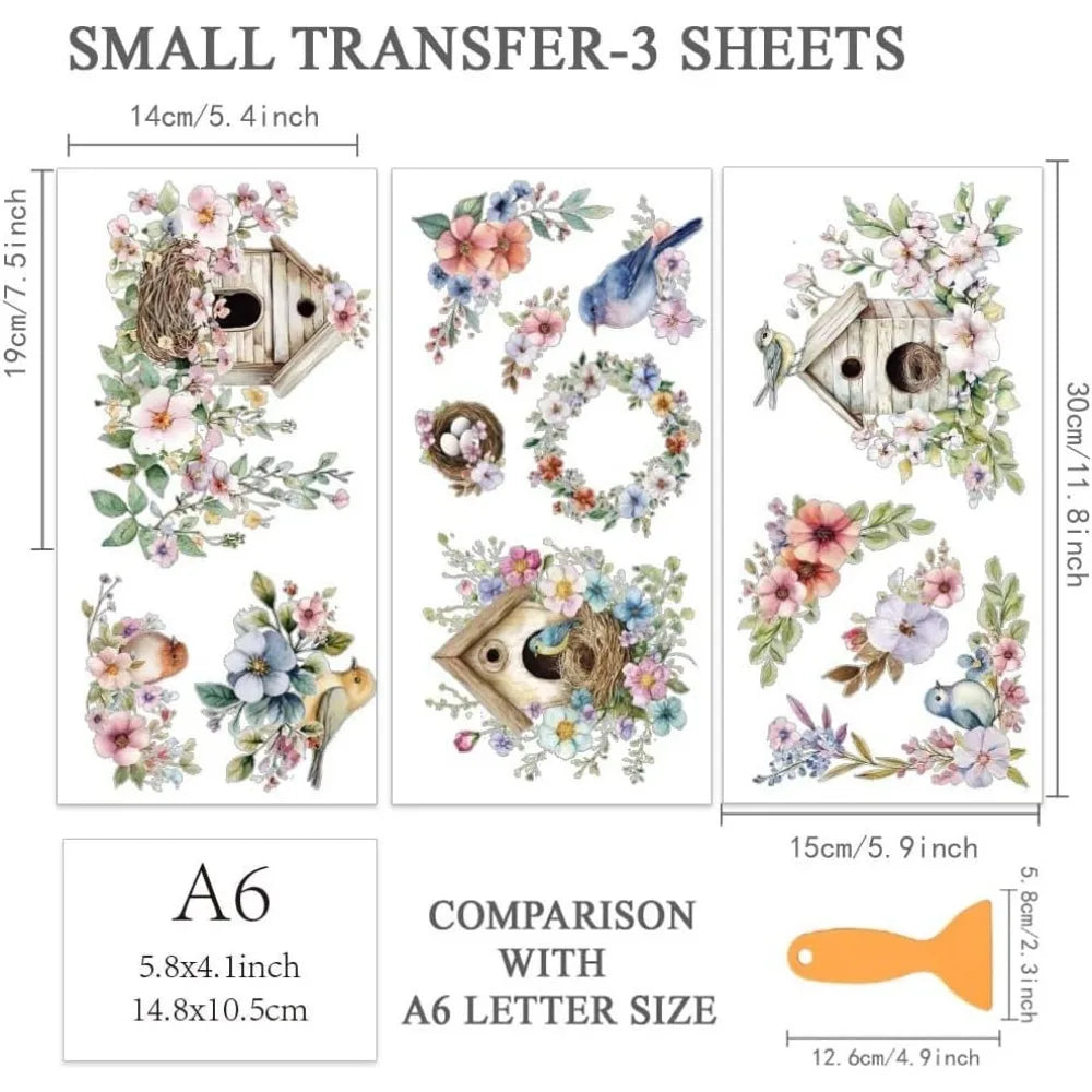 Bird Flower Rub-On Transfers for Furniture & Crafts – 3-Sheet Set Rub-On Transfer Stickers Axl