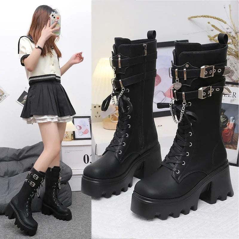 Women's Punk Platform Mid-Calf Boots | Chunky Wedge Moto Boot Platform Moto Boots Axl
