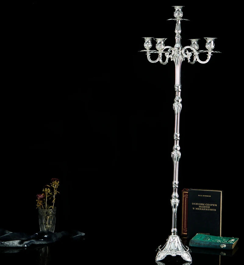 Silver Five-Arm Tall Metal Candle Holder – Wedding Centerpiece Candle Holder Axl 105X40CM