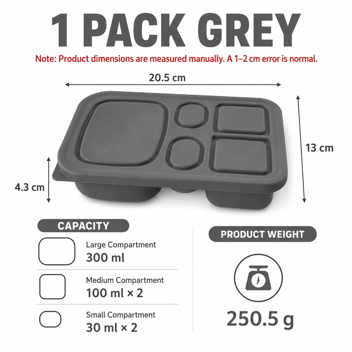 Silicone Bento Lunch Box – 5-Compartment Food Container Bento Lunch Box Axl 1 PACK Grey