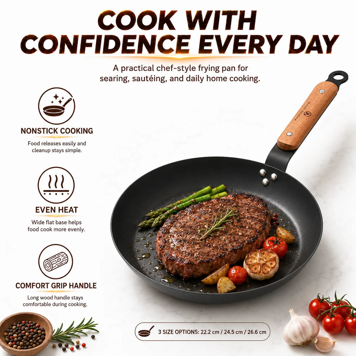 Nonstick Carbon Steel Skillet with Wooden Handle | All Stovetops Nonstick Frying Pan Axl