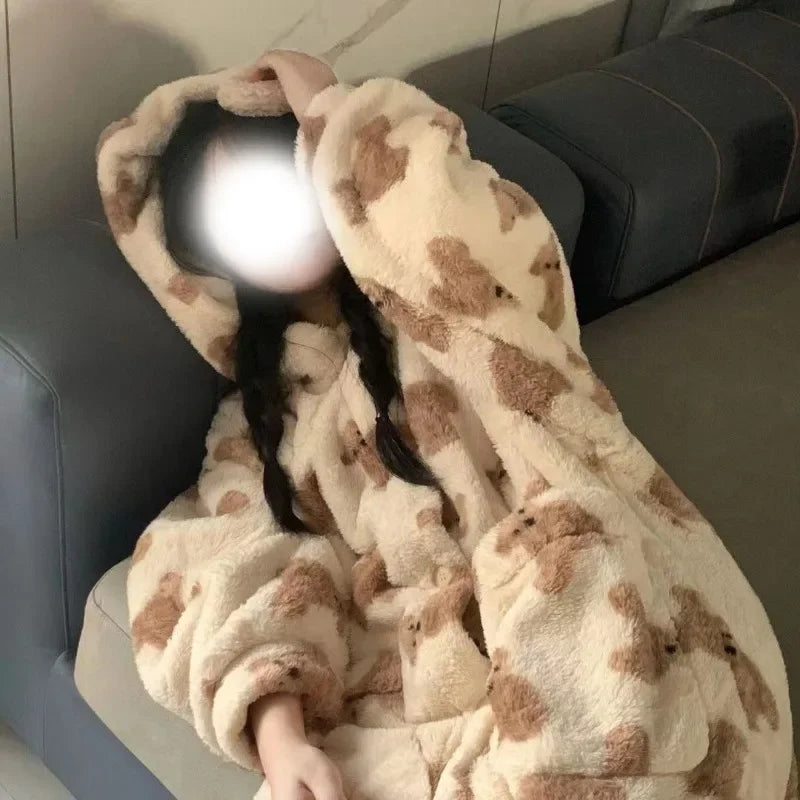 Women's Hooded Flannel Pyjama Set – Cute Bear Fluffy Robe Hooded Pyjama Set Axl