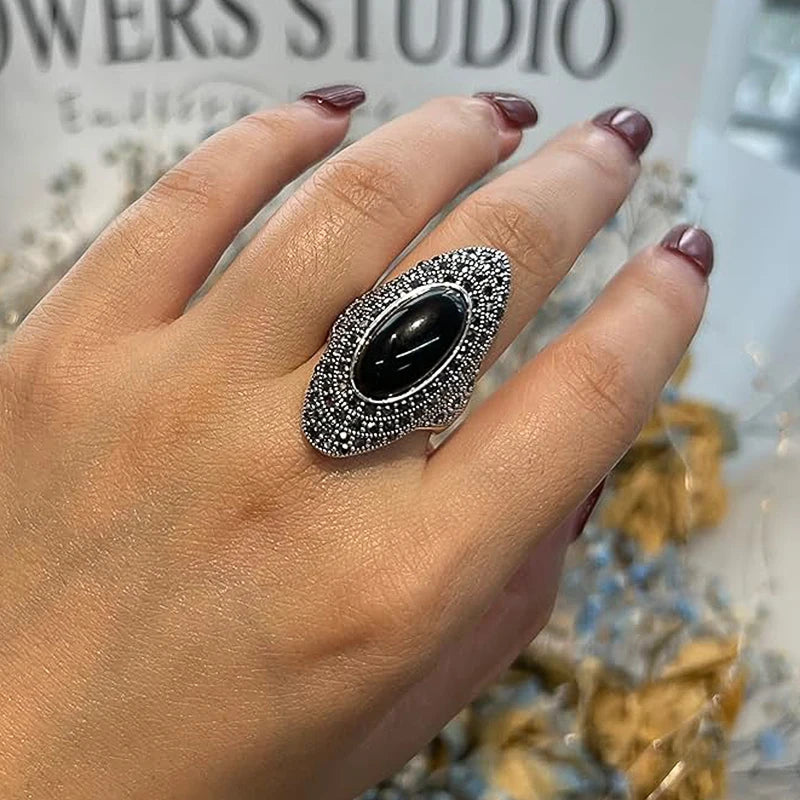 Huitan Black Stone Oval Ring – Vintage Women's Fashion Ring Fashion Ring Axl