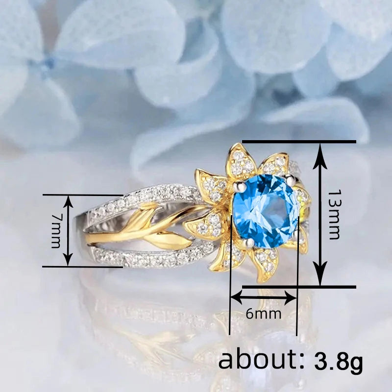 Huitan Sunflower Ring Blue Cubic Zirconia Two-Tone Women Fashion Ring Axl