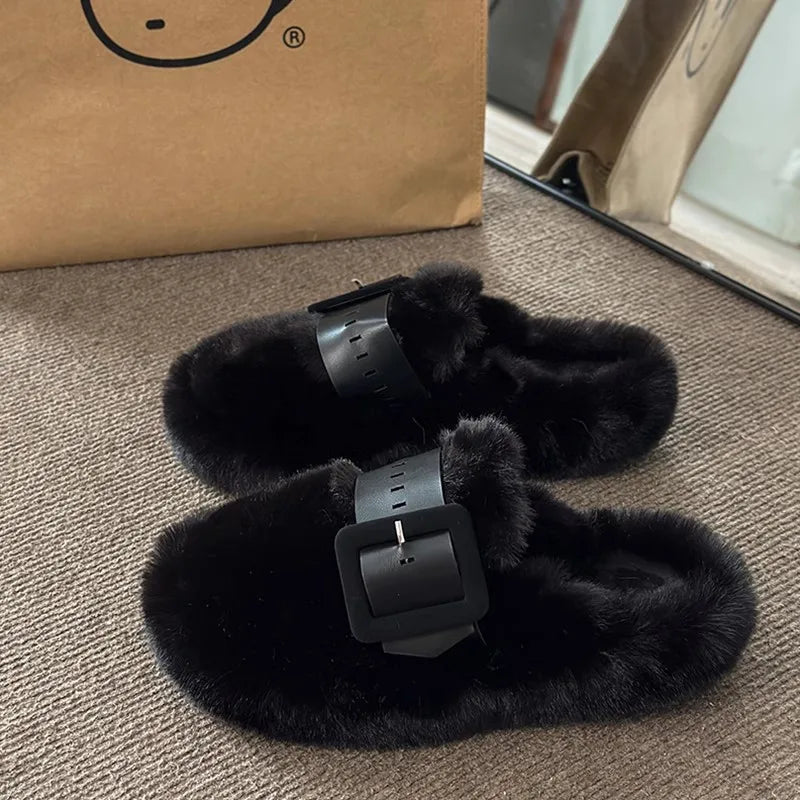 Women's Plush Faux Fur Slippers – Warm Anti-Slip Indoor Shoes Women's Plush Slippers Axl 39 black
