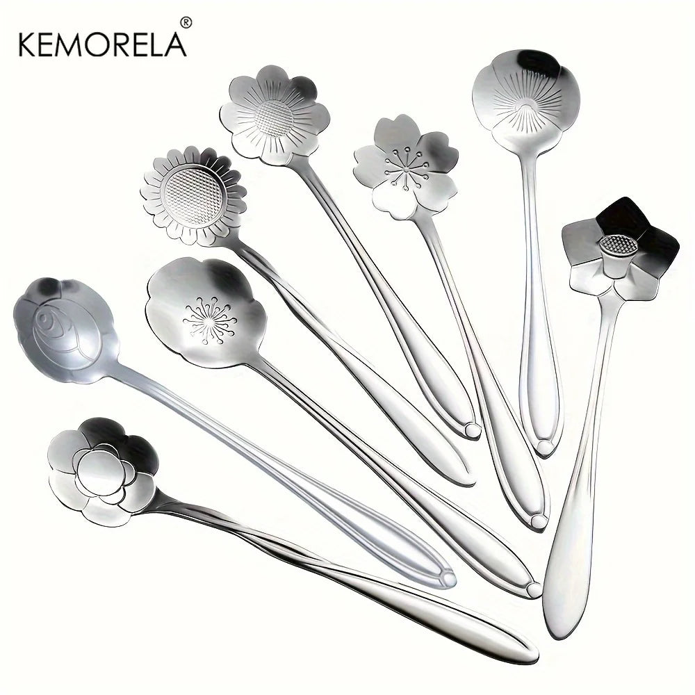 8-Piece Golden Flower Mini Spoon Set – Stainless Steel Dessert Dessert Spoon Set Axl 8PCS Silvery
