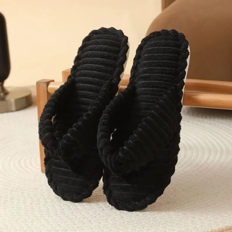 Women's Corduroy Plush Slippers – Soft Sole Indoor Slides Indoor Slippers Axl Black 36-37