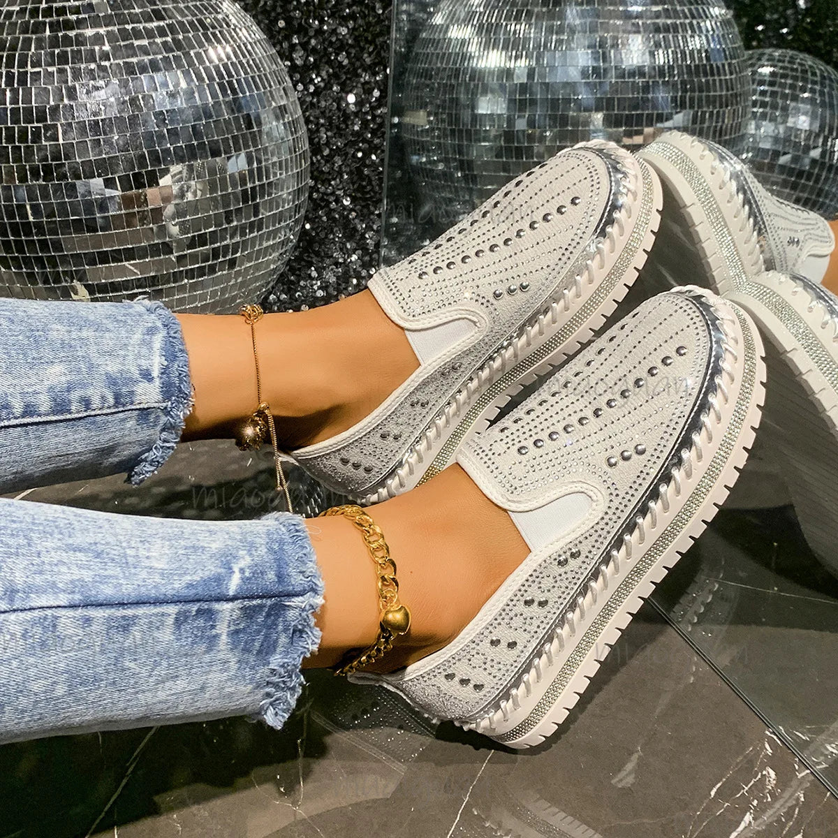 Women's Rhinestone Flat Loafers – Thick Sole Slip-On Sneakers Flat Loafer Sneakers Axl