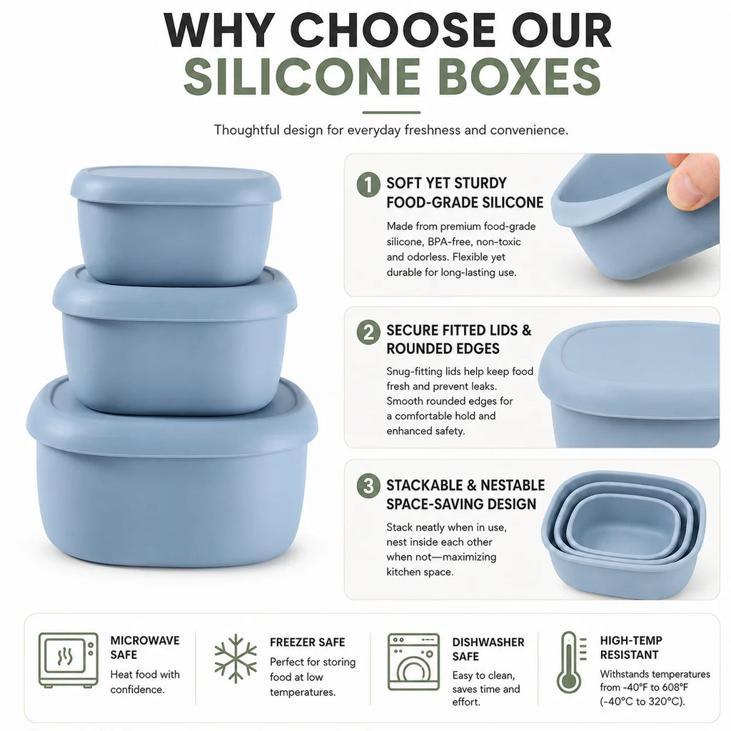 Silicone Bento Lunch Box Set of 3 – Nesting Food Containers Food Storage Set Axl