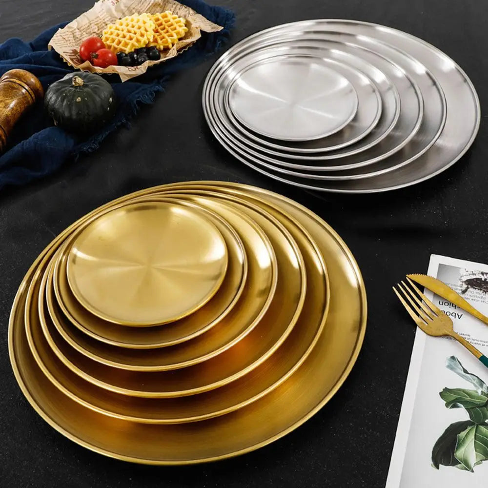 Stainless Steel Round Shallow Tray Gold Silver – 14 to 26cm Shallow Serving Tray Axl