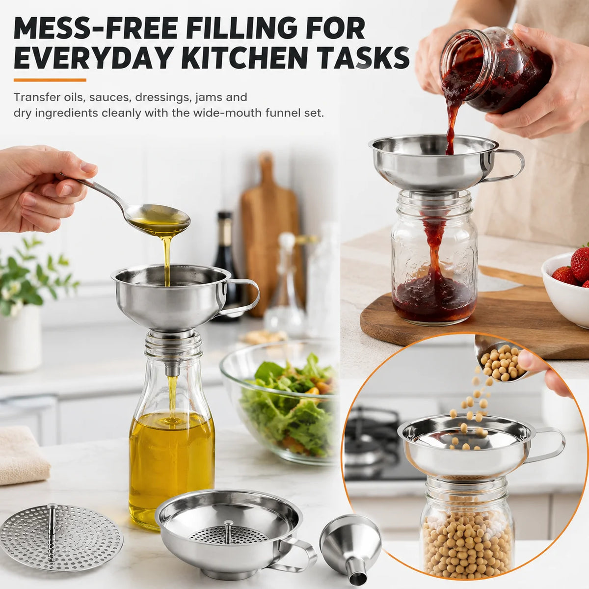 Stainless Steel Wide Mouth Canning Funnel Set with Strainer Kitchen Funnel Set Axl