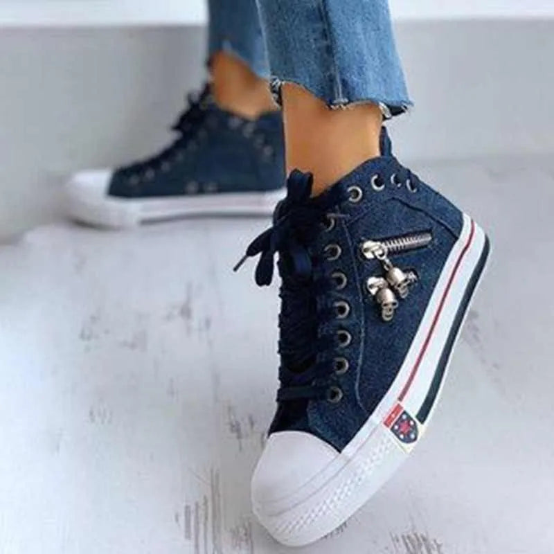 Women's High Top Denim Canvas Sneakers – Lace-Up Flat Shoes High Top Sneakers Axl