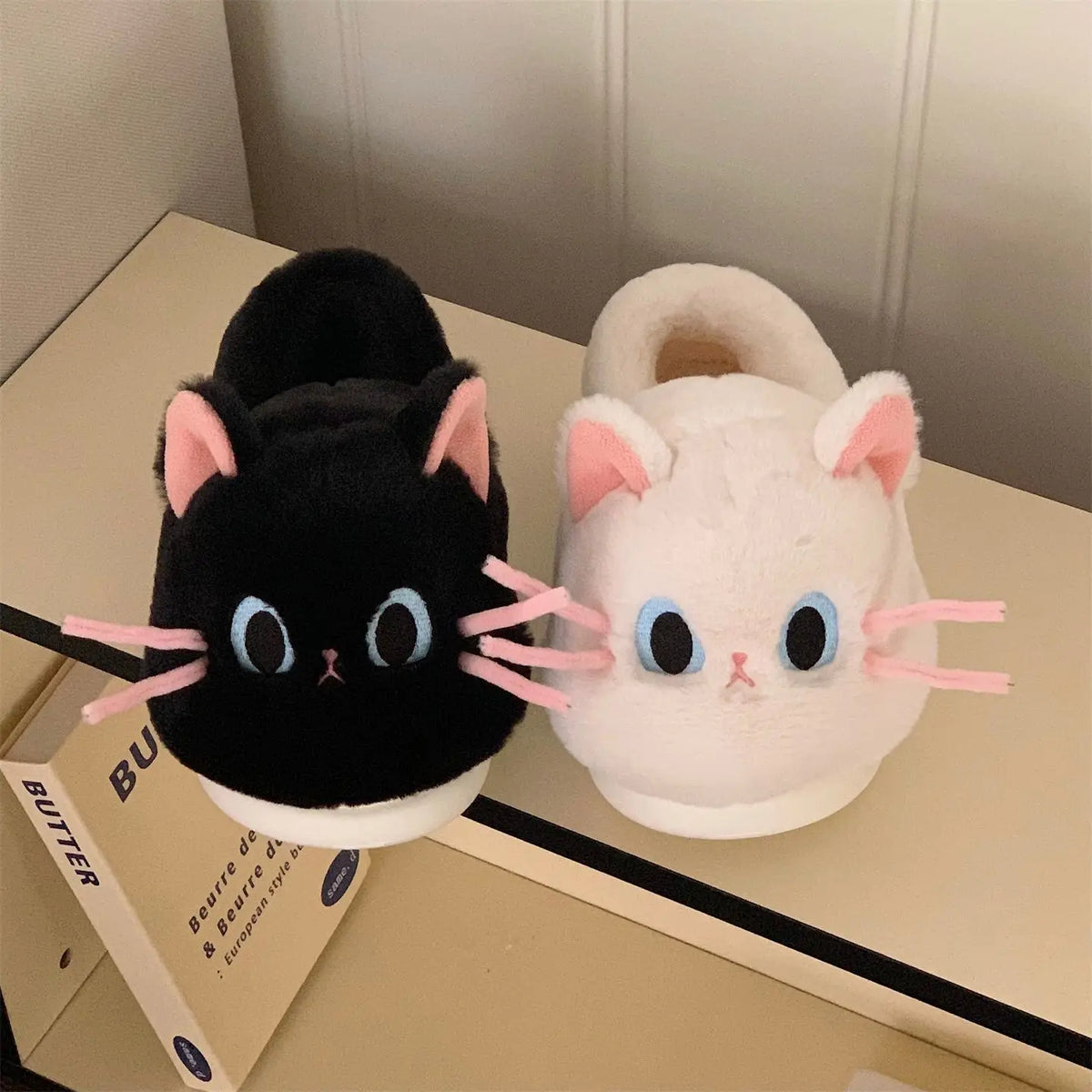 Women's Black Cat Fluffy Plush Slippers | Faux Fur Mules Plush House Slippers Axl