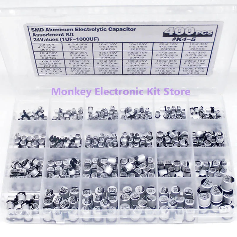 400PCS SMD Electrolytic Capacitor Kit 1µF–1000µF 24 Values Box Capacitor Assortment Kit Axl