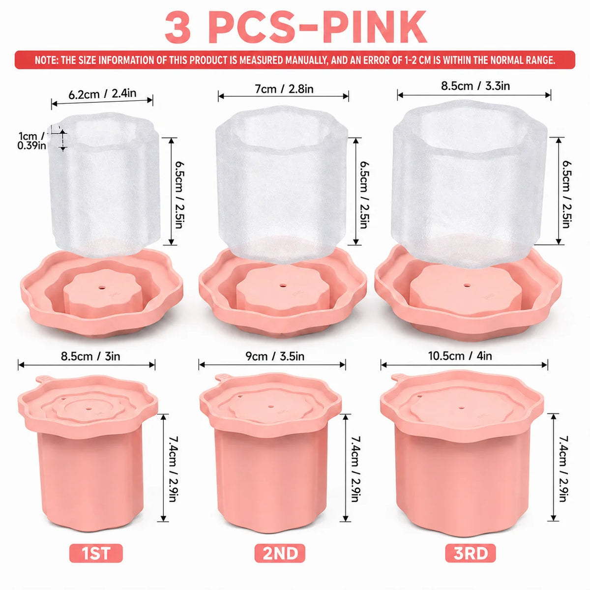 3-Piece Hollow Cylinder Ice Mold for 20–40oz Tumblers & Lids Silicone Ice Mold Axl 3 PCS-Pink