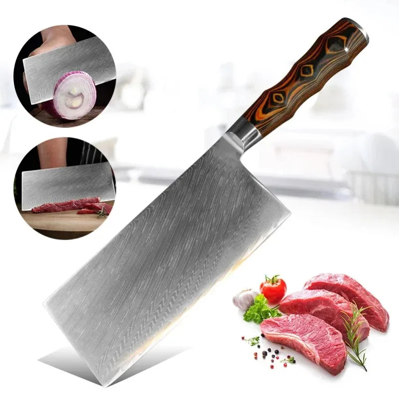 InLeung Damascus Steel Cleaver Knife – Wood Handle | 18cm Damascus Cleaver Knife Axl