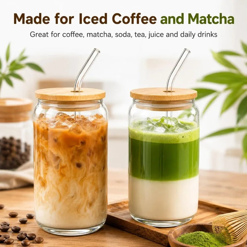 KEMORELA 470ml Glass Cup with Lid & Straw | Bubble Tea Mug Glass Drinkware Set Axl
