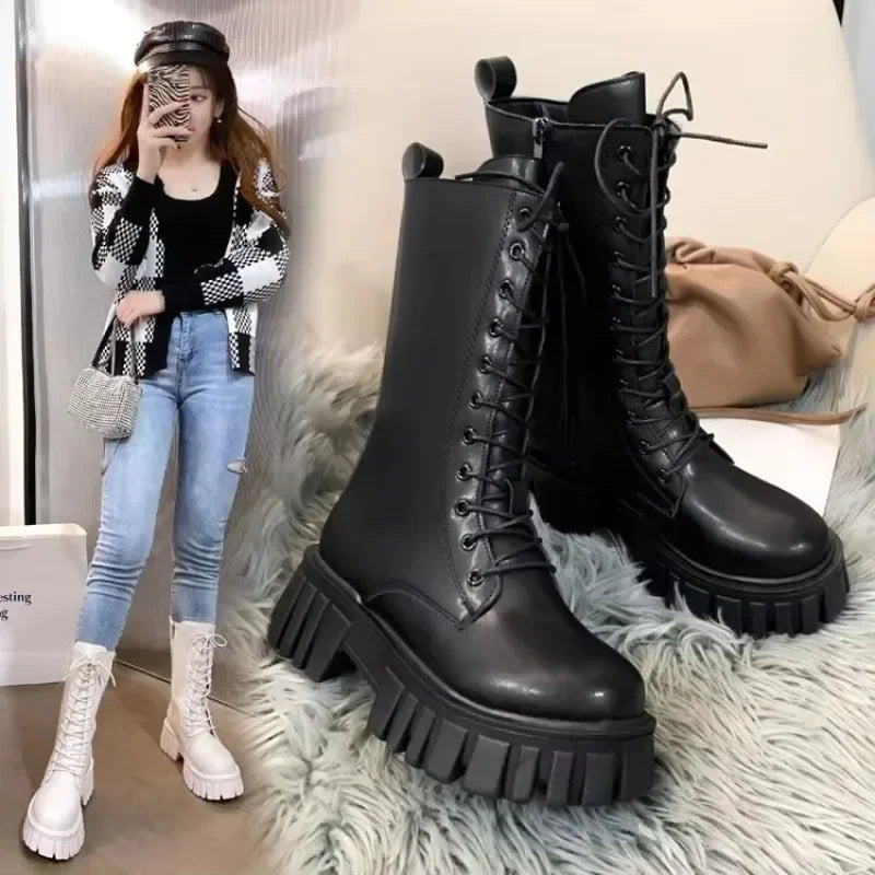 Women's Mid-Calf Winter Boots – British Lace-Up Thick Sole Mid-Calf Winter Boots Axl