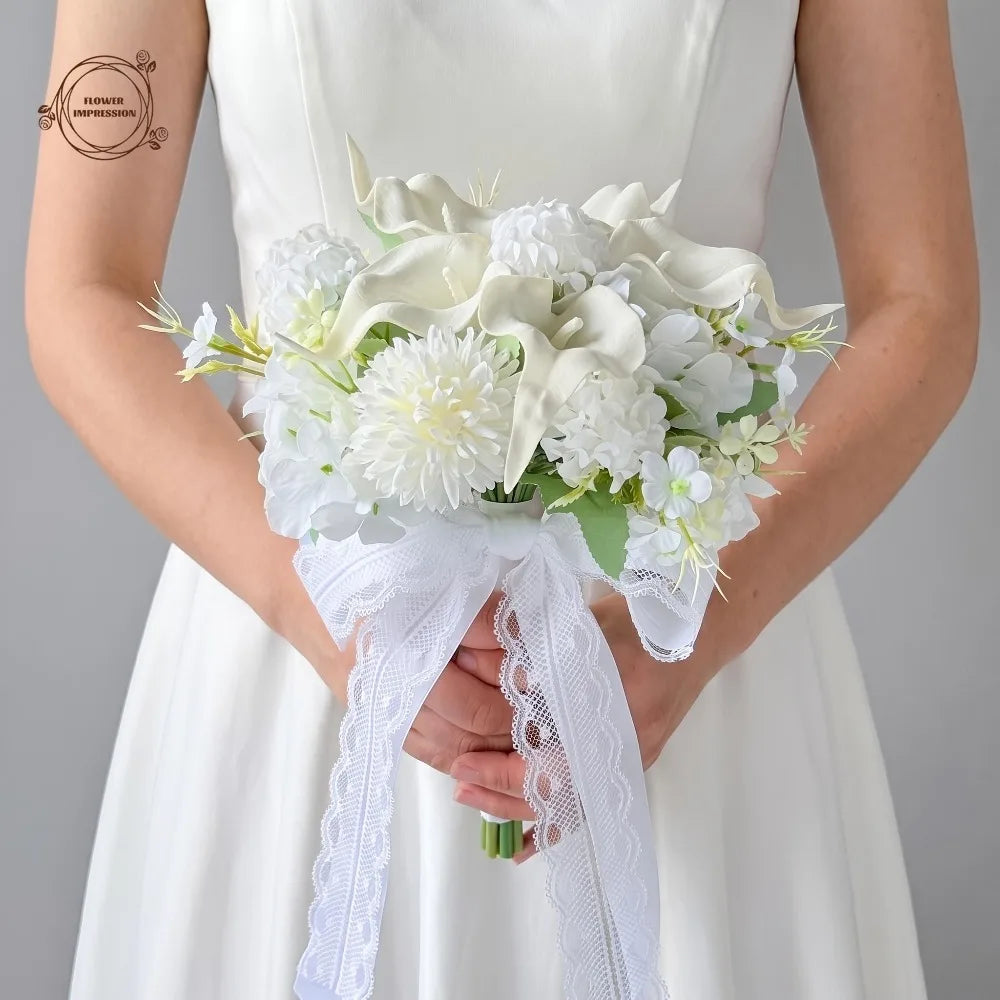 White Calla Lily Hydrangea Bridal Bouquet | Lace Ribbon Artificial Bridal Bouquet Axl