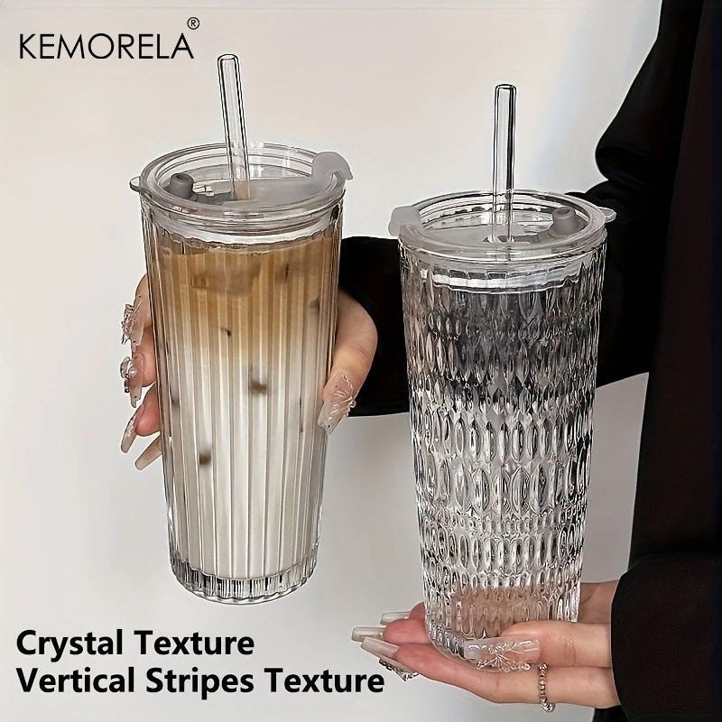 Crystal Grid Glass Tumbler with Straw & Lid | Large Capacity Glass Tumbler Axl