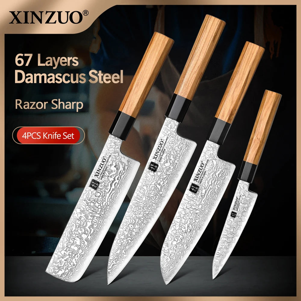 XINZUO 4-Piece 67-Layer Damascus Steel Knife Set | Olive Wood Damascus Knife Set Axl China Mainland