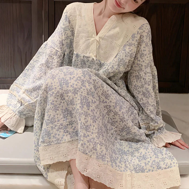 Women's Floral Lace V-Neck Long Nightgown | Soft Rustic Sleepwear Women's Nightgown Axl