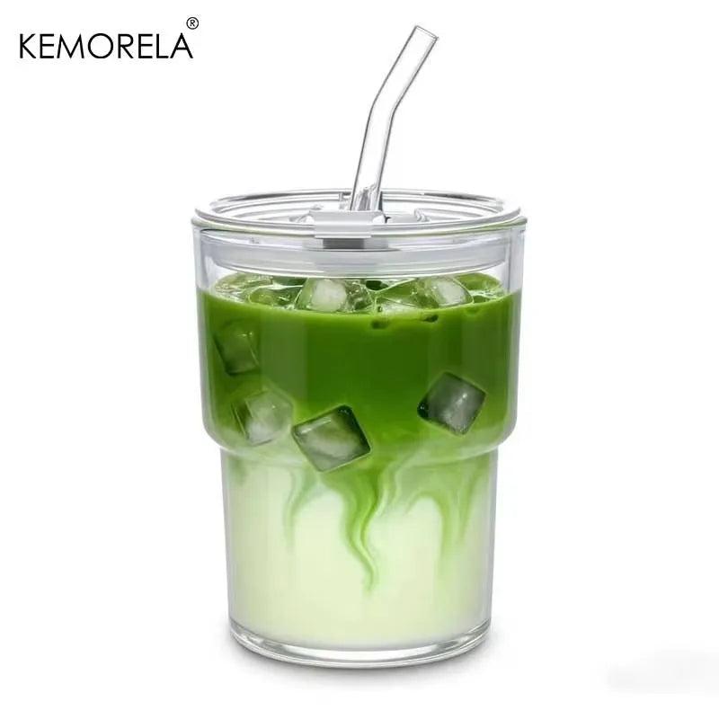 KEMORELA 380ml Glass Tumblers with Lid & Straw | Hot & Cold Glass Tumbler Set Axl 1PCS 380ML