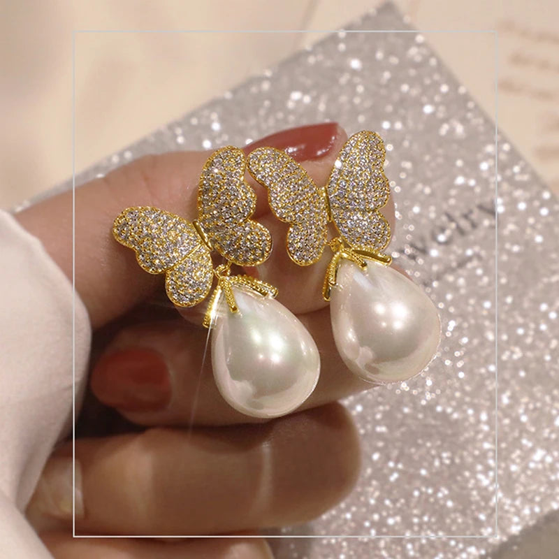 Huitan Butterfly Pearl Drop Earrings – Silver & Gold Tone Pearl Drop Earrings Axl