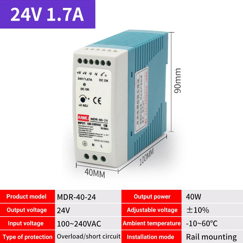 MDR DIN Rail Power Supply 5V 12V 24V | 10W–100W DC Switch DIN Rail Power Supply Axl MDR-40-24