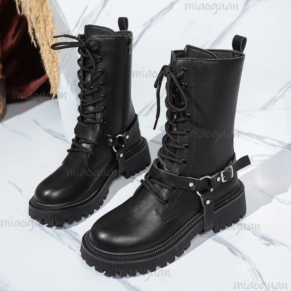 Women's Punk Mid-Calf Motorcycle Boots – Belt Buckle Zipper Mid-Calf Boots Axl