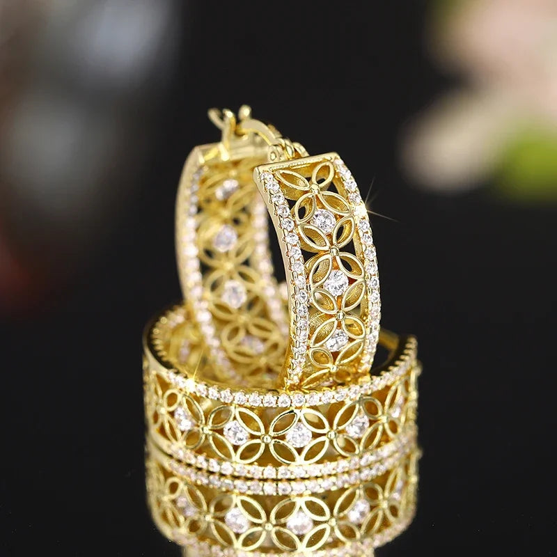 Huitan Gold CZ Hollow Flower Hoop Earrings | Bridal Jewelry Hoop Earrings Axl