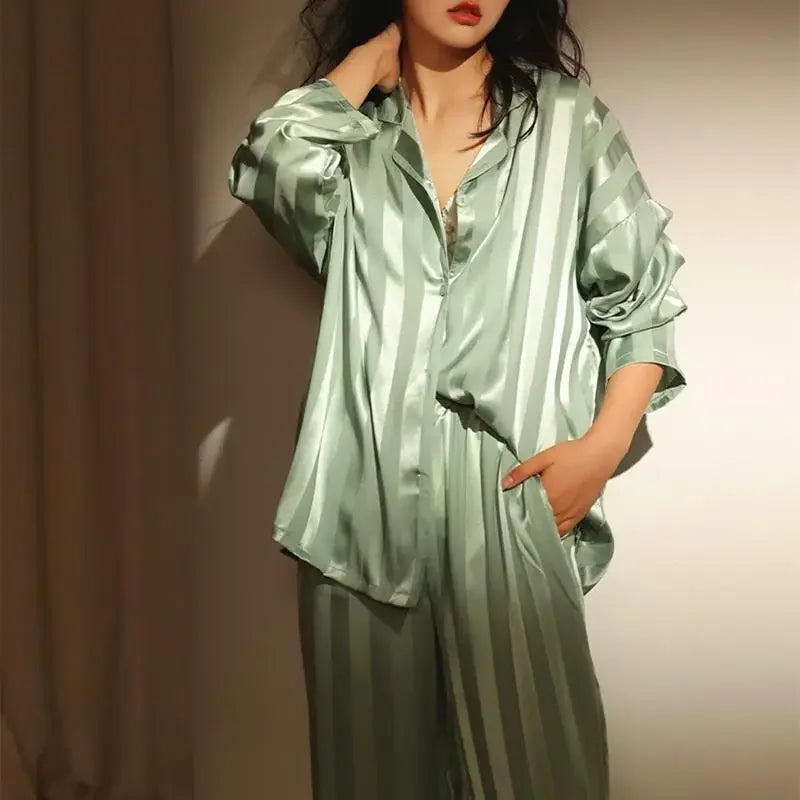 Women's Ice Silk Striped Pajama Set – Long Sleeve Sleepwear Women's Pajama Set Axl green-strip XXL