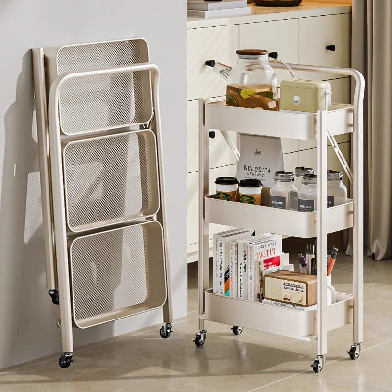 3-Tier Folding Kitchen Rack on Wheels | Carbon Steel Shelf Rolling Storage Rack Axl