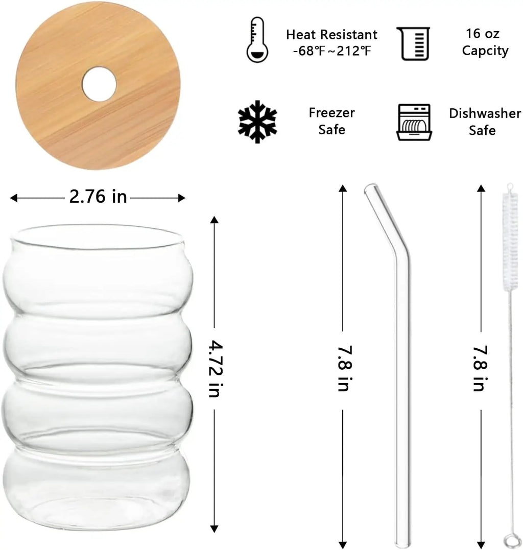 4-Pack 480ml Ribbed Ripple Glass Cups with Lids & Straws Drinking Glass Set Axl