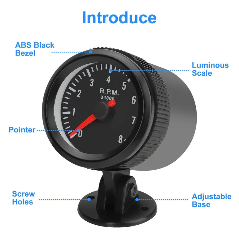 52mm Analog Tachometer RPM Gauge 0–8000 RPM White LED | Petrol Car Analog RPM Gauge Axl one size black