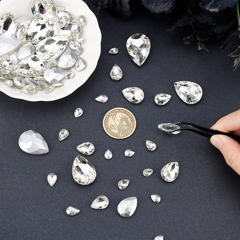 94 Pcs Teardrop Glass Rhinestones – 6 Sizes, Pointed Back Gems Craft Rhinestone Set Axl