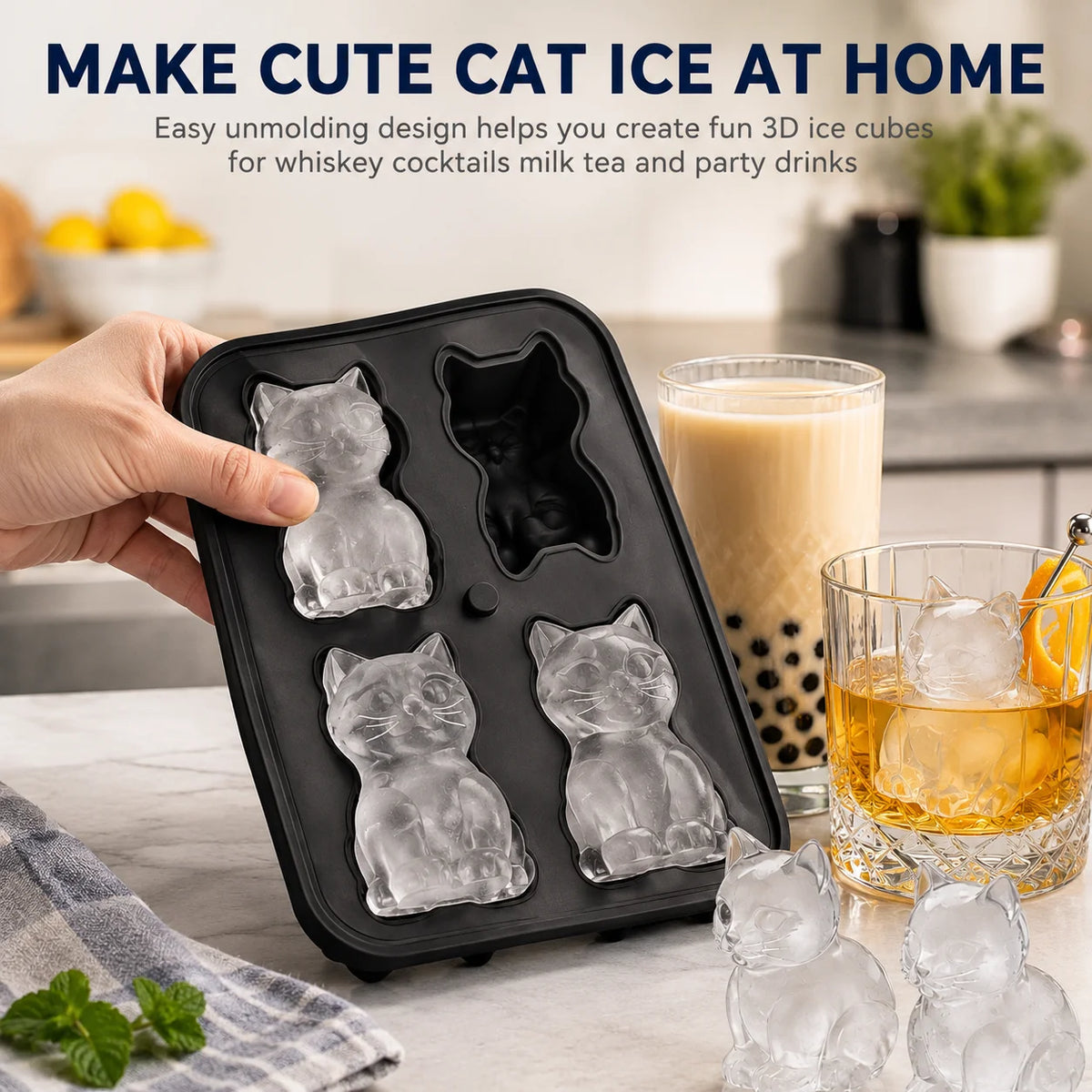 4-Cavity 3D Cat Silicone Ice Cube Tray Mold with Funnel Silicone Ice Cube Mold Axl