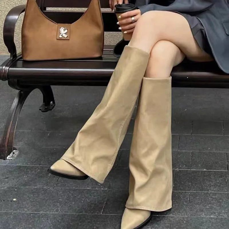 Women's Corduroy Knee-High Boots Pointed Toe Low Heel Knee-High Boots Axl Khaki 41