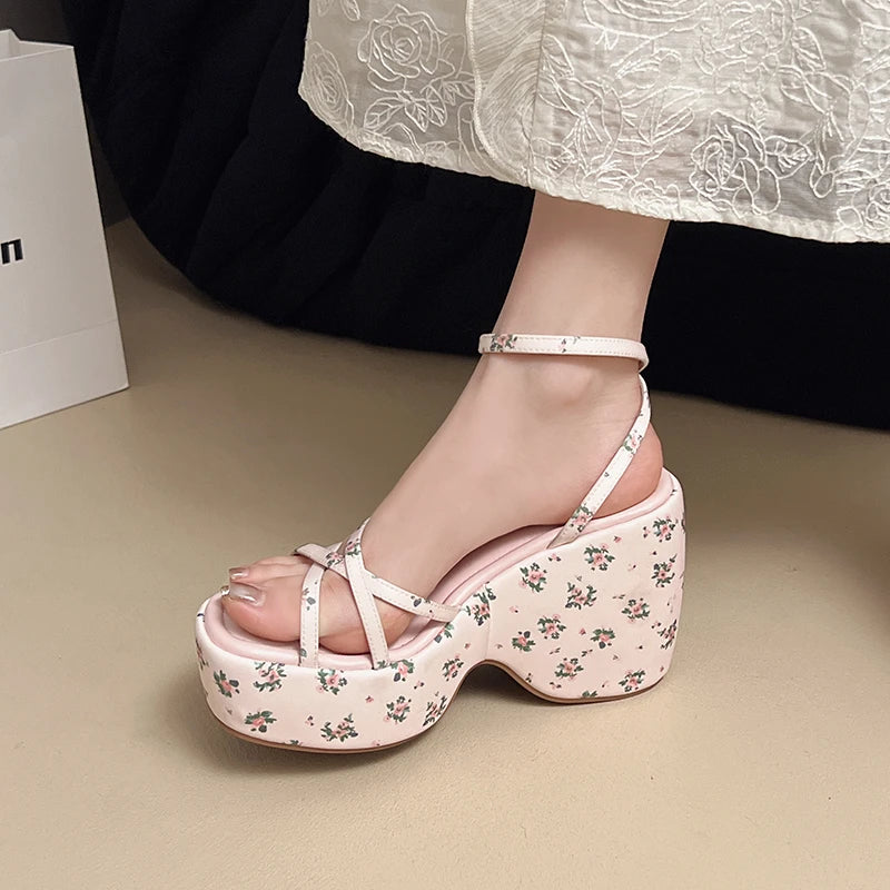 Women's Floral Wedge Sandals – Narrow Band Buckle Dress Shoes Wedge Sandals Axl