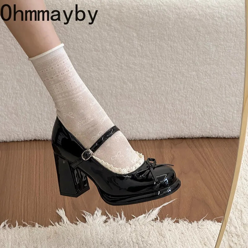 Butterfly-Knot Mary Jane Chunky Heel Pumps | Women's Dress Shoes Mary Jane Pumps Axl