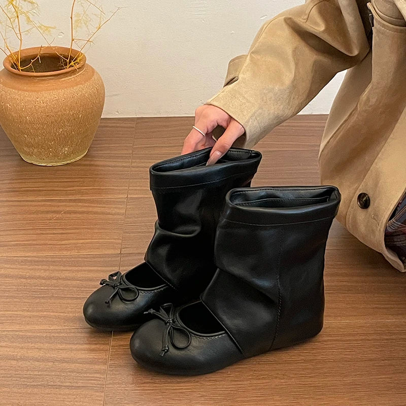 Women's Vintage Suede Mid-Calf Booties Butterfly-Knot Wedge Mid-Calf Wedge Booties Axl black 39