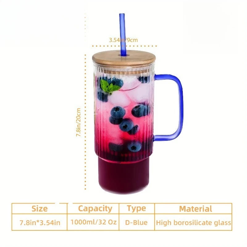 900ml Ribbed Glass Tumbler with Bamboo Lid & Straw | KEMORELA Glass Tumbler Axl Blue 900ML