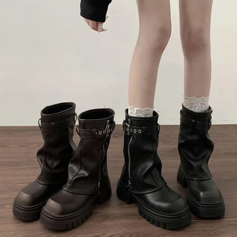 Women's Winter Platform Biker Boots – Belt Buckle Mid-Calf Women's Platform Boots Axl