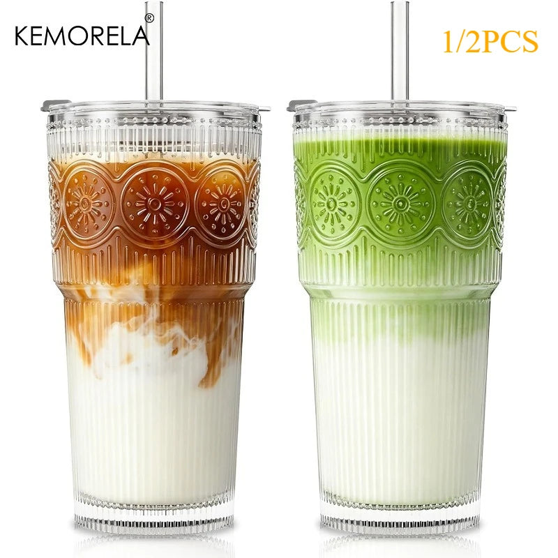 Ribbed & Floral Glass Cup with Lid & Straw 590ml | 1 or 2 Pack Glass Tumbler Set Axl